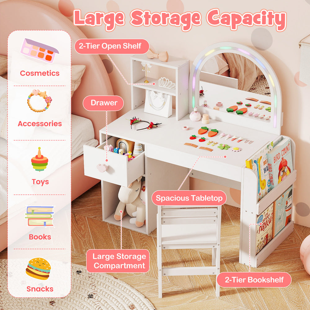 Kids vanity table and chair set in white with lighted mirror, large storage compartments, and ergonomic design for ages.