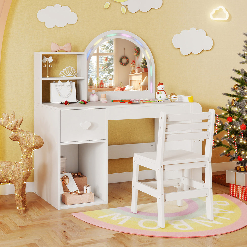 Kids vanity table and chair set in white with lighted mirror, storage compartments, and ergonomic design for safe play.