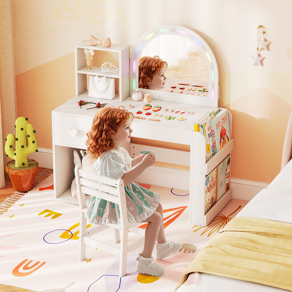 Kids vanity table and chair set with lighted mirror, open shelf, and ergonomic design for ages 3+, ideal for playrooms.