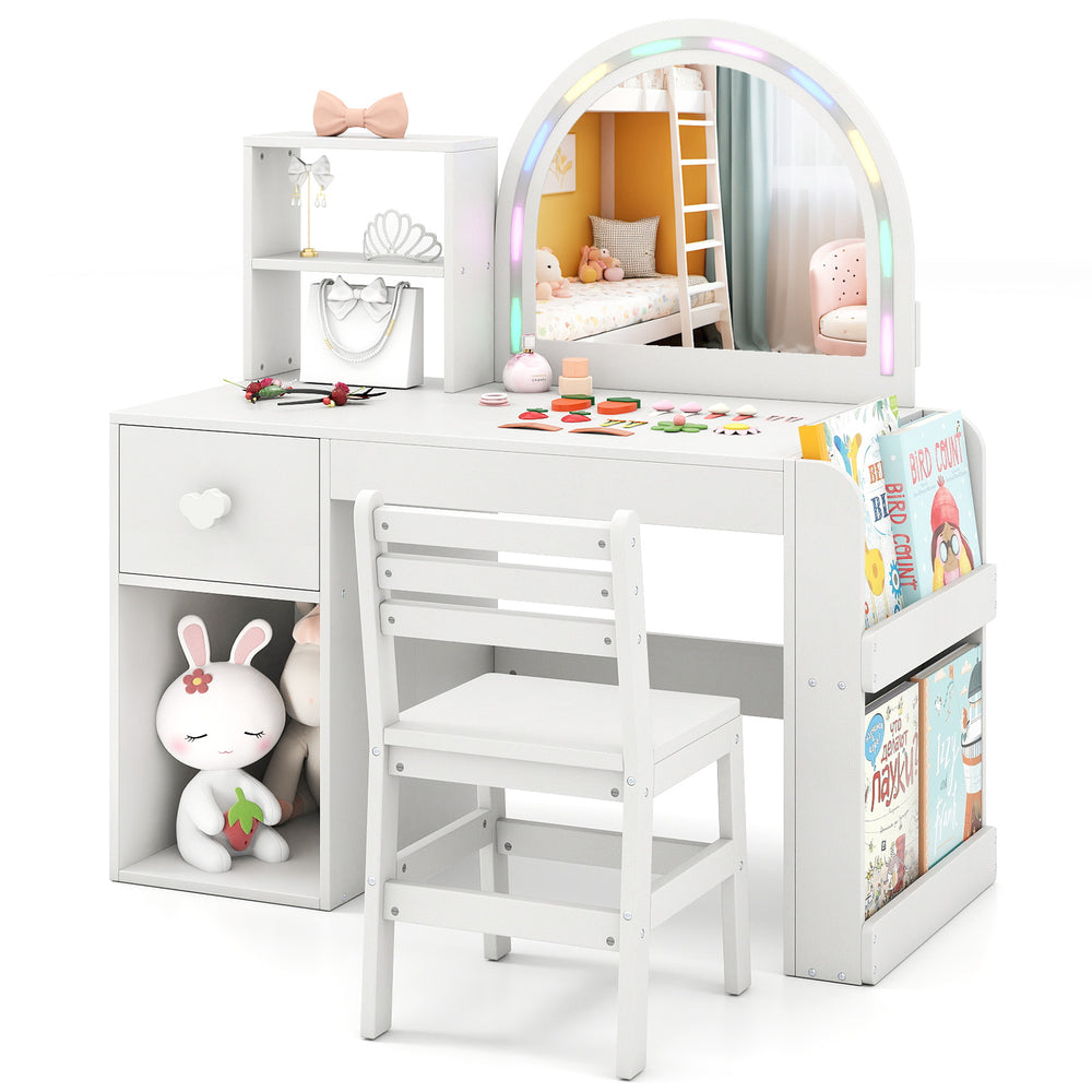 Child-safe mirror with colorful light strip on kids vanity table, featuring rounded corners and ample storage for toys.