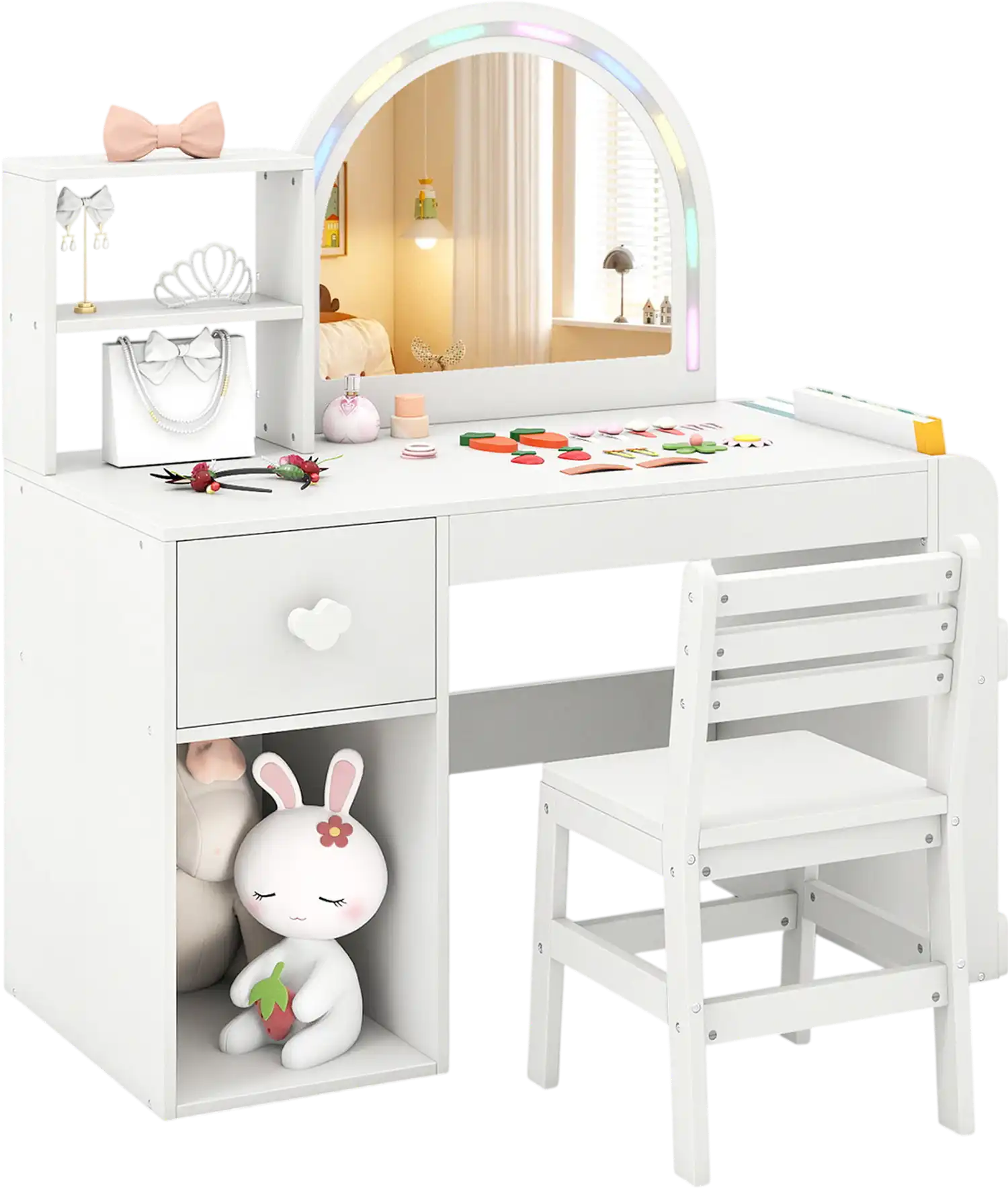 Costway Kids Vanity Table Chair Set Lighted Mirror 83872369 New