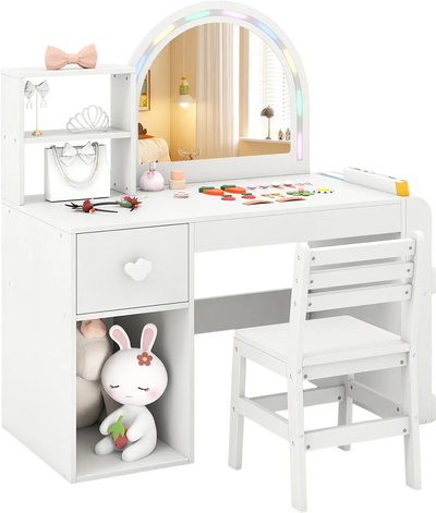 Costway Kids Vanity Table Chair Set Lighted Mirror 83872369 New