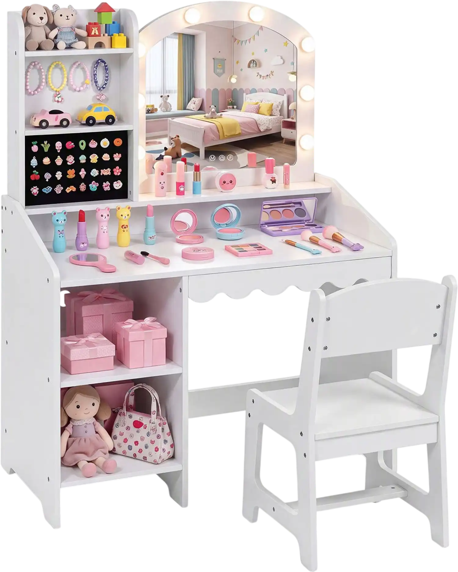 Costway Kids Vanity Table & Chair Set w/ Mirror, 8 LED Bulbs, Ring Slots 52485662 New