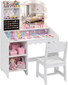 White kids vanity table and chair set with mirror and 8 LED bulbs, shown with storage compartments and pretend makeup.