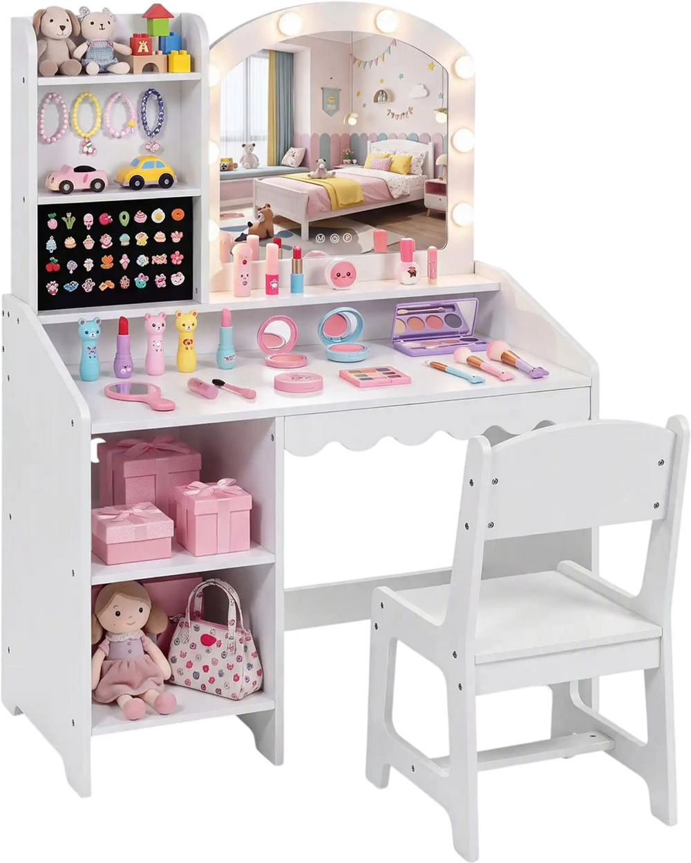 White kids vanity table and chair set with mirror and 8 LED bulbs, shown with storage compartments and pretend makeup.