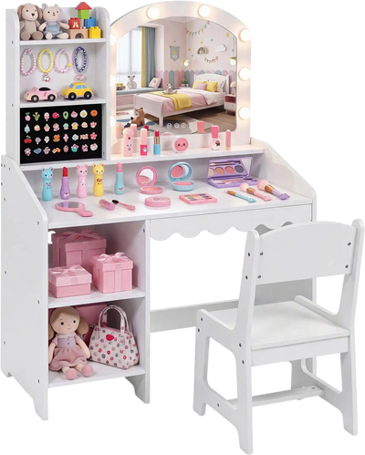 Costway Kids Vanity Table & Chair Set w/ Mirror, 8 LED Bulbs, Ring Slots 52485662 New
