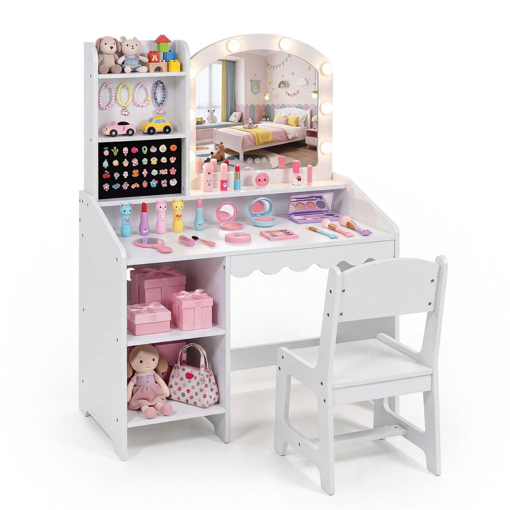 Kids Vanity Table and Chair Set with 8 LED Bulbs and Ring Slots and Mirror-White - Gallery View 1 of 1