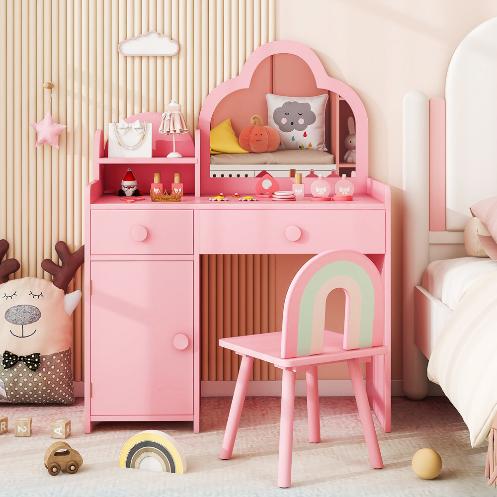 Kids Vanity Table and Chair Set with Cloud-shaped Mirror and Open Shelf-Pink - Gallery View 1 of 10