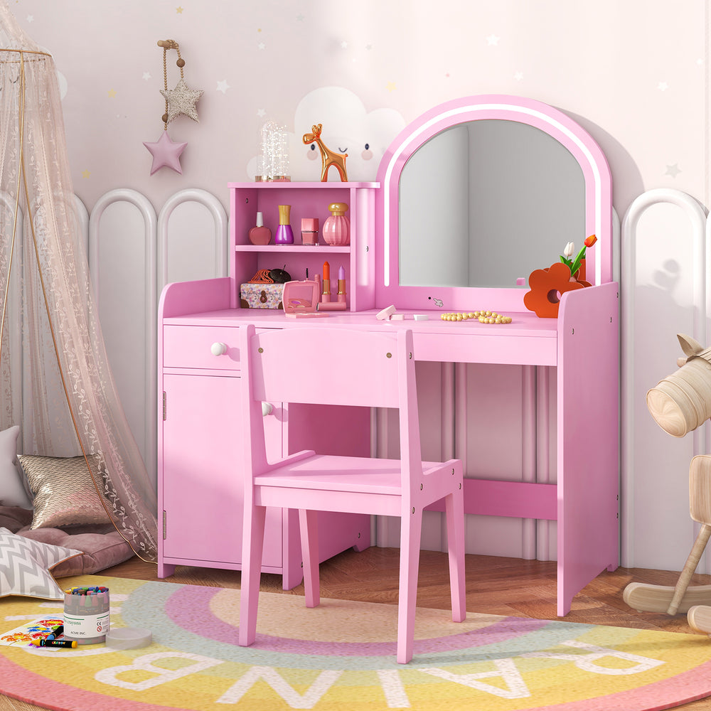 Kids Vanity Table and Chair Set with Shelves Drawer and Cabinet-Pink - Gallery View 1 of 9