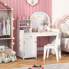 Kids vanity table and chair set in white with shelves, drawer, and secure acrylic mirror for stylish playroom.
