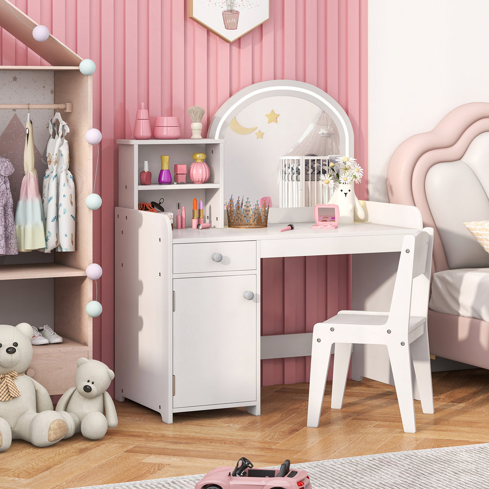Kids Vanity Table and Chair Set with Shelves Drawer and Cabinet-White - Gallery View 1 of 9