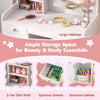 Kids vanity table set in white featuring a spacious tabletop, 2-tier shelf, and enclosed cabinet for storage.