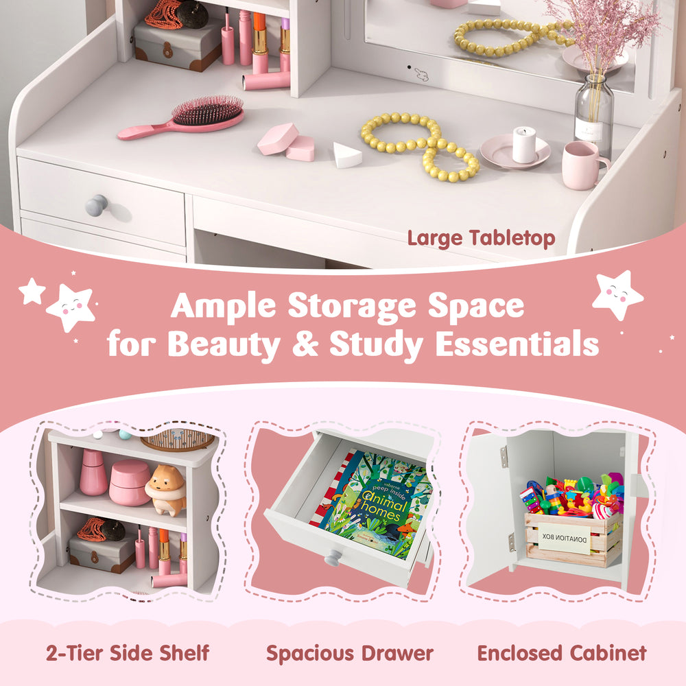 Kids vanity table set in white featuring a spacious tabletop, 2-tier shelf, and enclosed cabinet for storage.