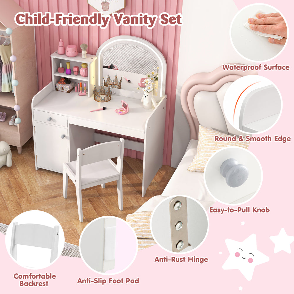 Kids vanity table and chair set in white with shelves, drawer, and waterproof surface for safe, comfortable use.