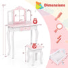 Kids vanity set in pink with tri-folding mirror, storage drawer, and three makeup accessories for fun and organized.