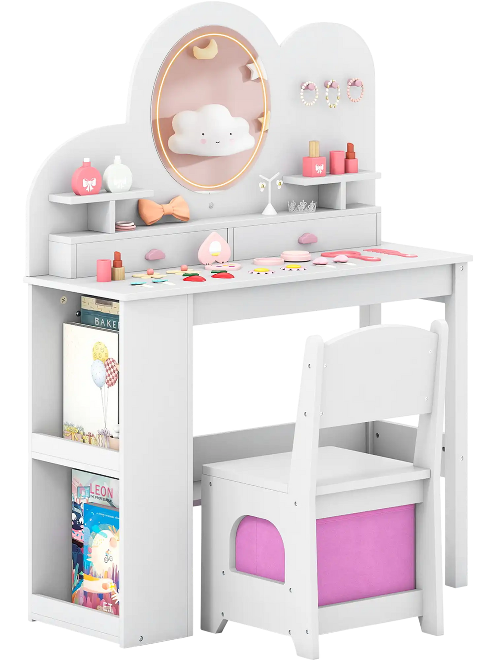 Kids vanity table set in white with adjustable mirror lights, 2 drawers, and a 2-tier bookshelf for play and creativity.