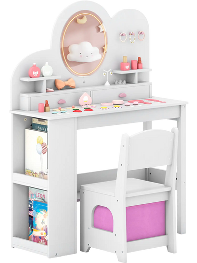 Costway Kids Princess Vanity Table & Chair Set w/ Lights 2 Drawers 2-Tier Bookshelf 31108537 New