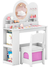 Kids vanity table set in white with adjustable mirror lights, 2 drawers, and a 2-tier bookshelf for play and creativity.