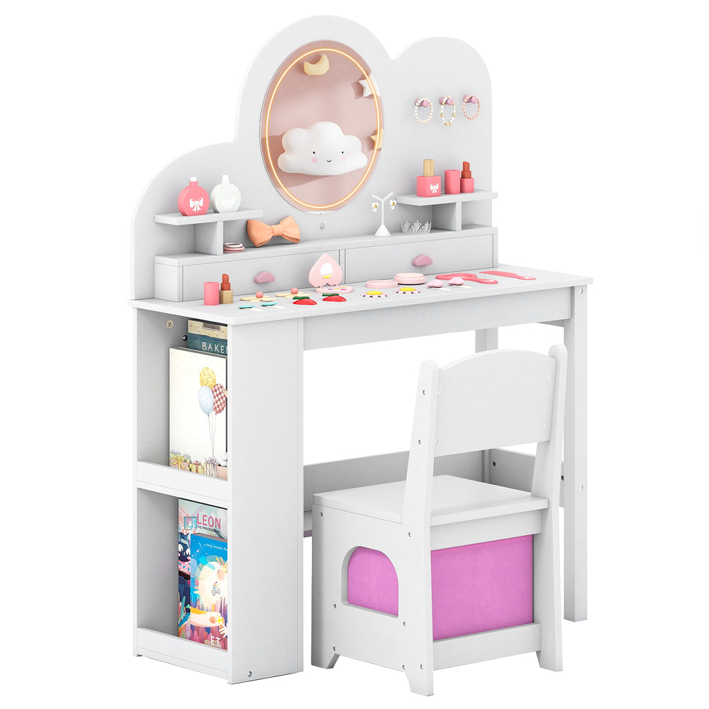 Kids Vanity with Lights Princess Vanity Table and Chair Set with 2 Drawers and 2-Tier Bookshelf-White - Gallery View 1 of 1