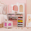 Kids vanity with bear-shaped mirror, 3 lighting modes, and 5 drawers, perfect for ages 3+, in a playful pink room.