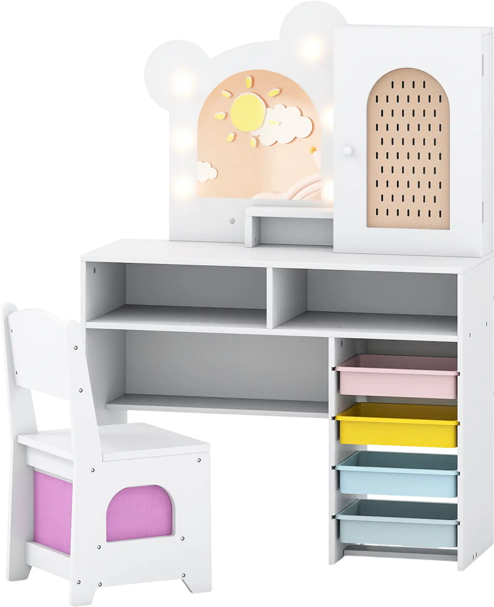 Kids vanity with lights and 5 drawers in white, featuring an adorable bear shape and a shatter-proof mirror for safe.