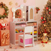 Kids vanity with lights and 5 drawers in white, featuring a bear-shaped mirror and ergonomic chair for ages 3+.