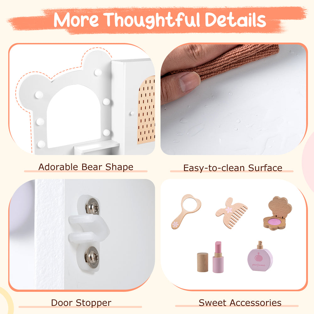 Adorable bear-shaped kids vanity with lights, easy-to-clean surface, and sweet accessories for safe play and creativity.