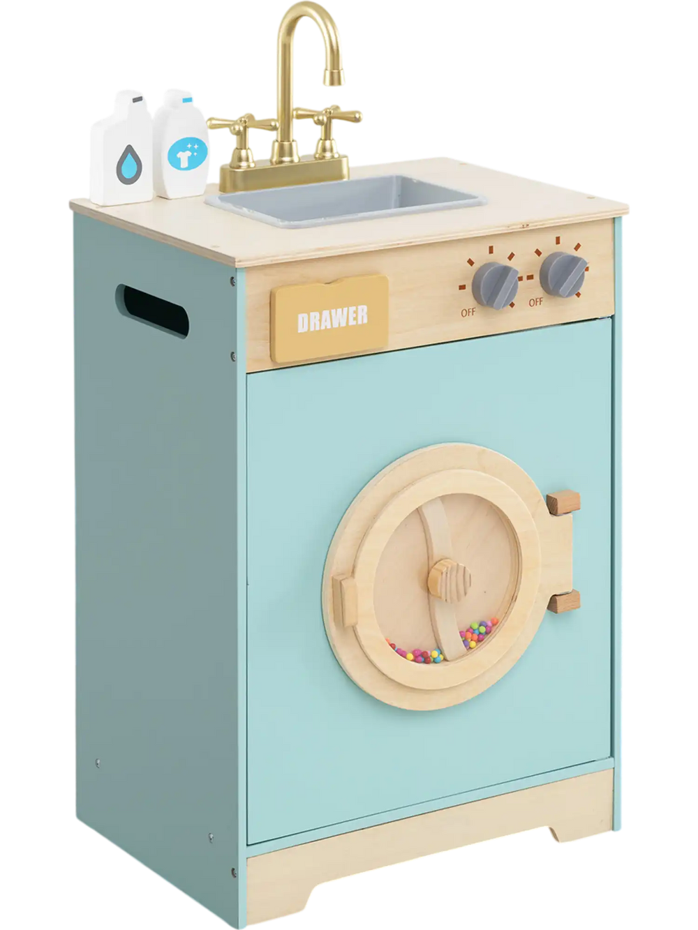 Kids washer playset toy washing machine in blue featuring a top view with a sink, rotary knobs, and a fun laundry.