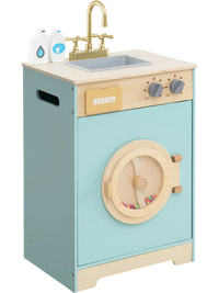Kids washer playset toy washing machine in blue featuring a top view with a sink, rotary knobs, and a fun laundry.