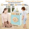 Kids washer playset toy in blue with rotating wheel, detergent drawer, and knobs for imaginative play and learning.