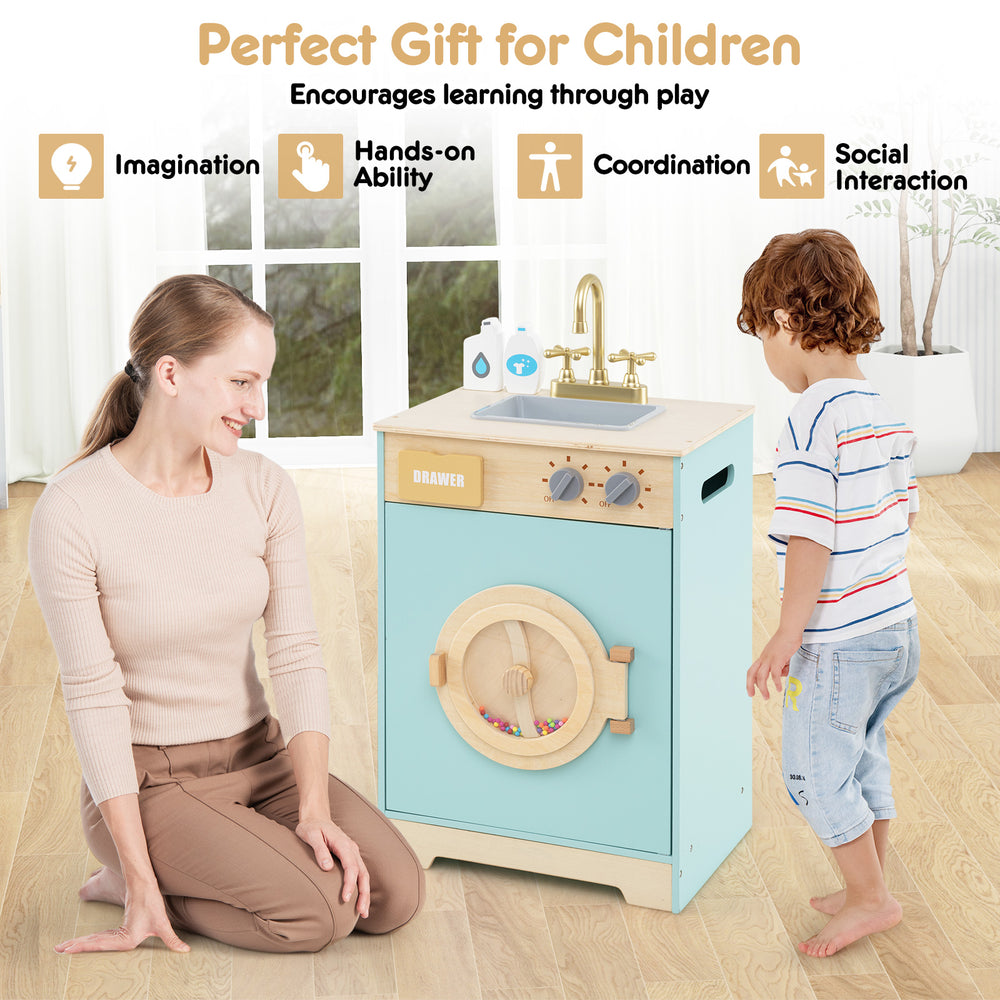 Kids washer playset toy in blue with rotating wheel, detergent drawer, and knobs for imaginative play and learning.