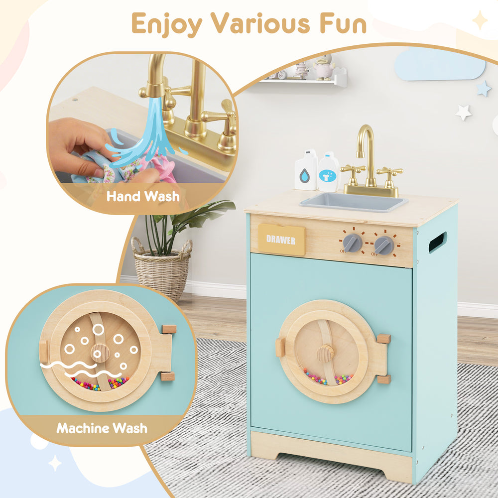 Kids washer playset toy in blue with rotating wheel, detergent drawer, and knobs for imaginative laundry play.