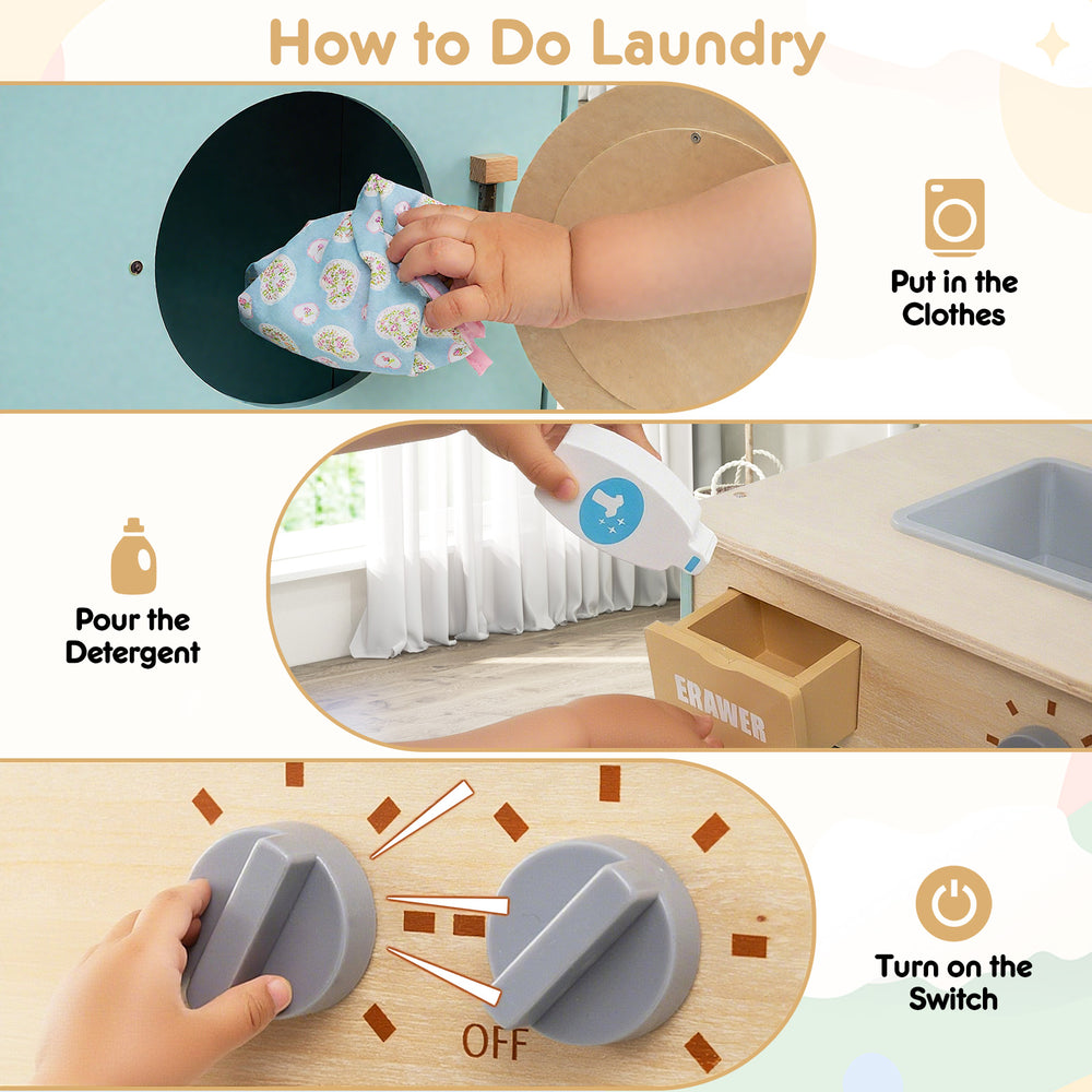 Kids washer playset toy with laundry detergent, featuring rotating knobs and a detergent drawer for realistic play.
