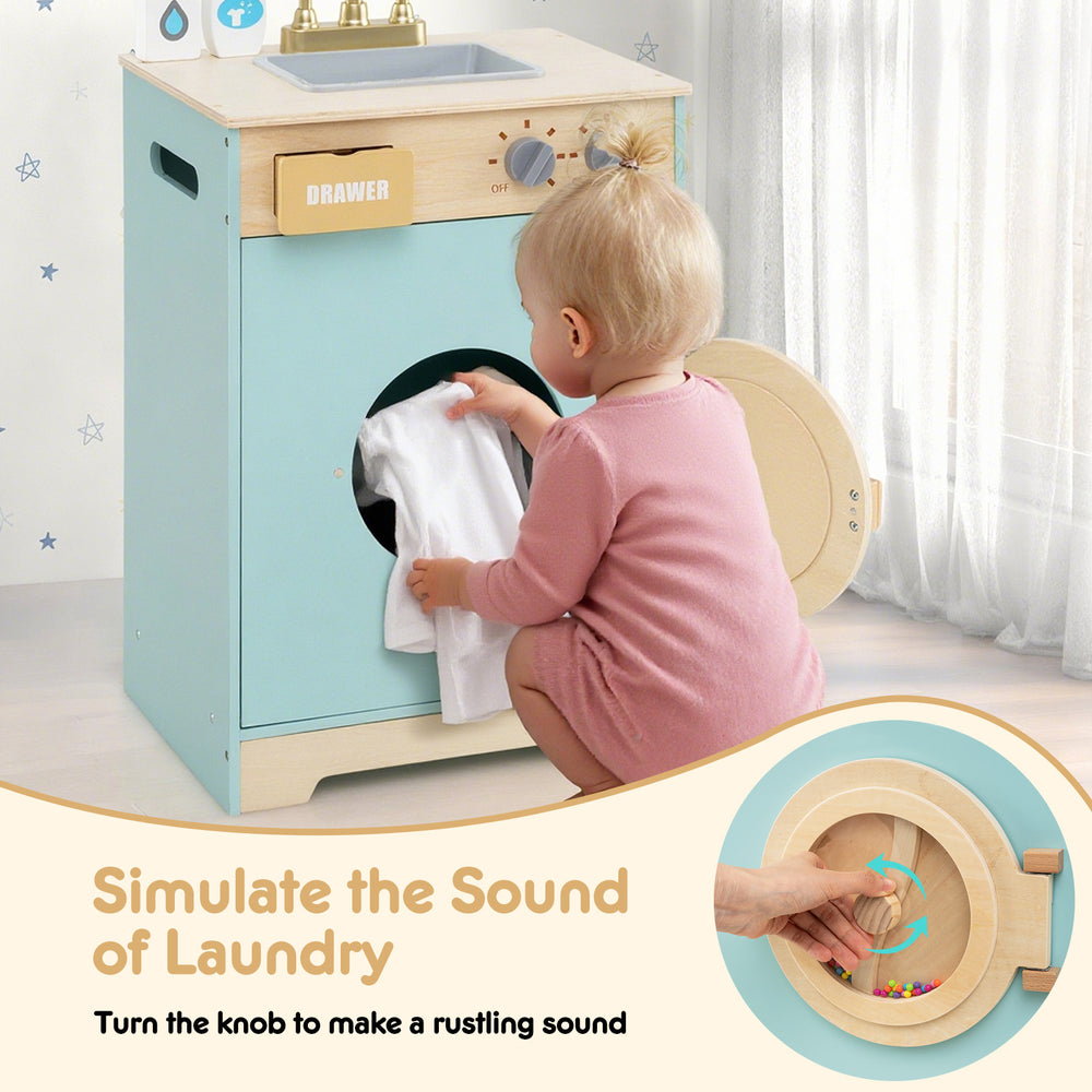 Kids washer playset toy washing machine in blue with rotating knobs and detergent drawer for imaginative play.