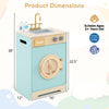 Kids washer playset toy in blue with rotating wheel, detergent drawer, and rotary knobs for imaginative play.