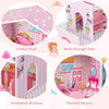 Kids wooden dollhouse playset featuring a unique roof, walk-through door, and themed stickers for imaginative play.