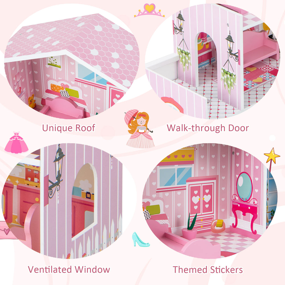 Kids wooden dollhouse playset featuring a unique roof, walk-through door, and themed stickers for imaginative play.