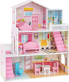 Colorful 3-story kids wooden dollhouse playset with 5 rooms and 10 furniture pieces for imaginative play.