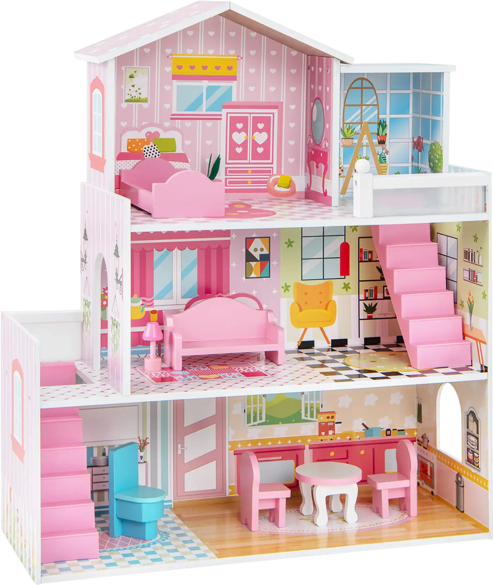 Colorful 3-story kids wooden dollhouse playset with 5 rooms and 10 furniture pieces for imaginative play.