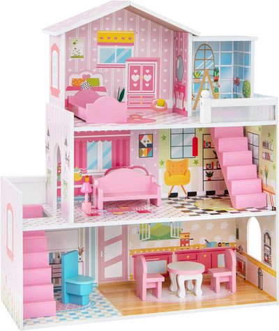 Costway Kids Wooden Dollhouse Playset 5 Rooms 10pc Furniture 24753961 New