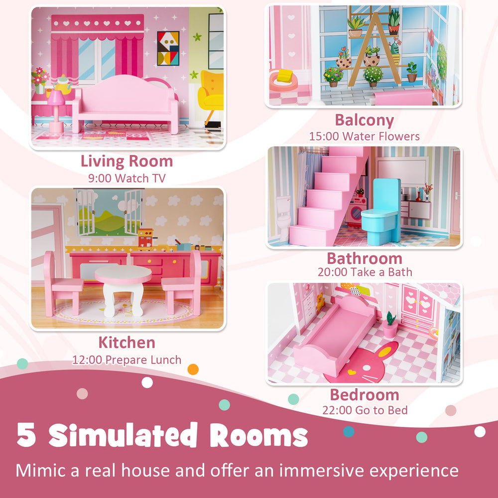 Kids wooden dollhouse playset featuring 5 simulated rooms and movable pink furniture for immersive play and creativity.