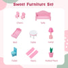 Kids wooden dollhouse playset featuring pink sofa, chairs, bed, table, lamp, and more for imaginative play.