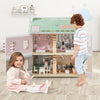 Kids wooden dollhouse with double-sided roofs, featuring various rooms and furniture for imaginative play and.