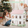 Kids wooden dollhouse with double-sided roofs, featuring multiple rooms and furniture for imaginative play. Perfect.
