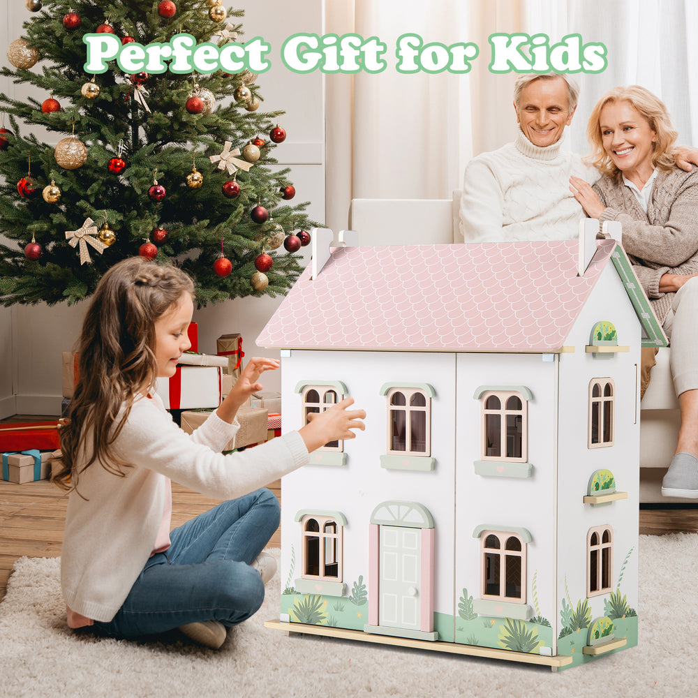 Kids wooden dollhouse with double-sided roofs, featuring multiple rooms and furniture for imaginative play. Perfect.