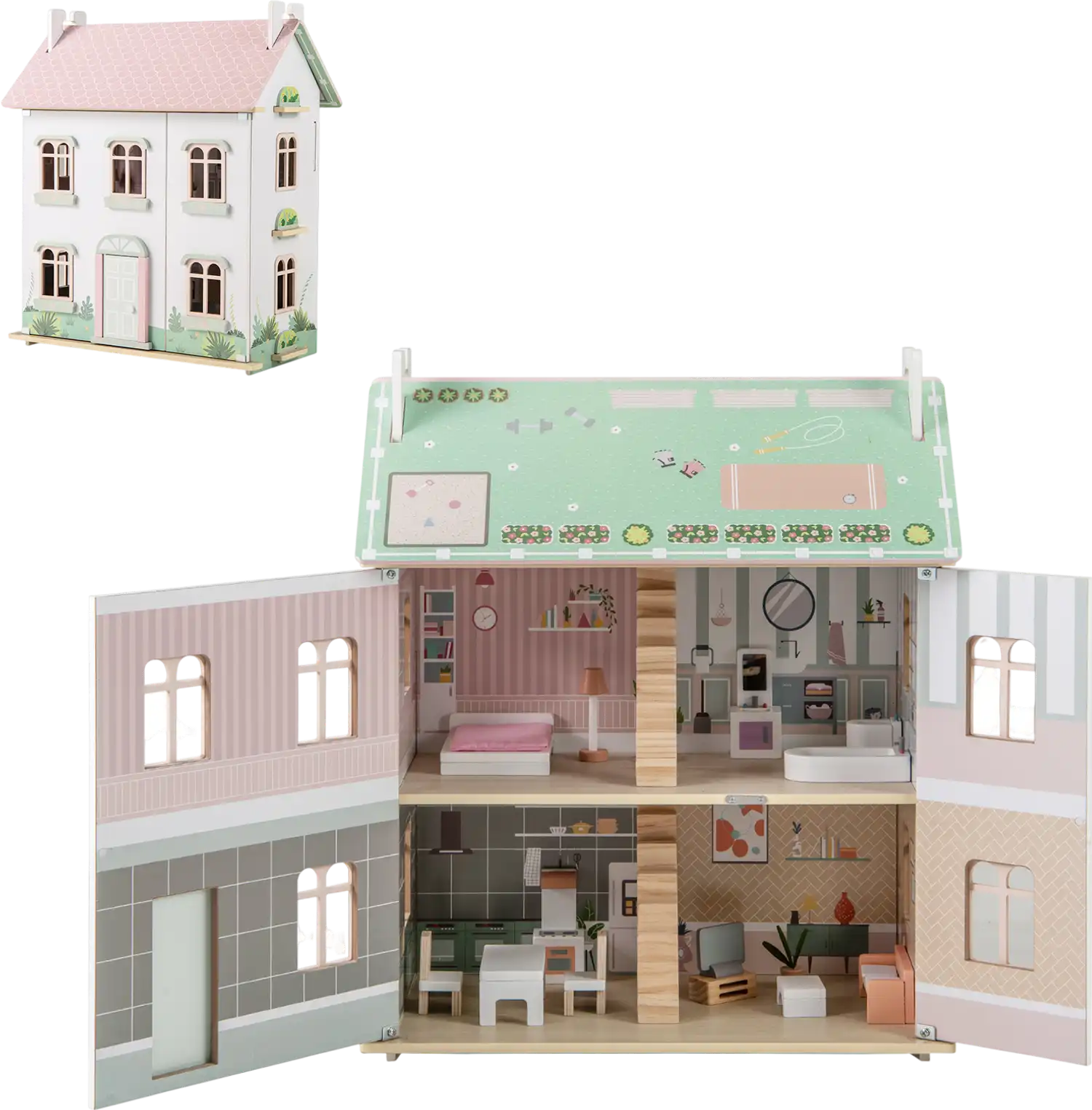 Costway Kids Wooden Dollhouse 3-Level Double-Sided Roof Doors 86974521 New