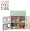 Kids wooden dollhouse with double-sided roofs, featuring multiple rooms and furniture for imaginative play and.