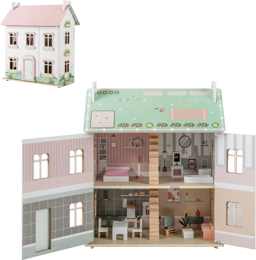 Kids wooden dollhouse with double-sided roofs, featuring multiple rooms and furniture for imaginative play and.