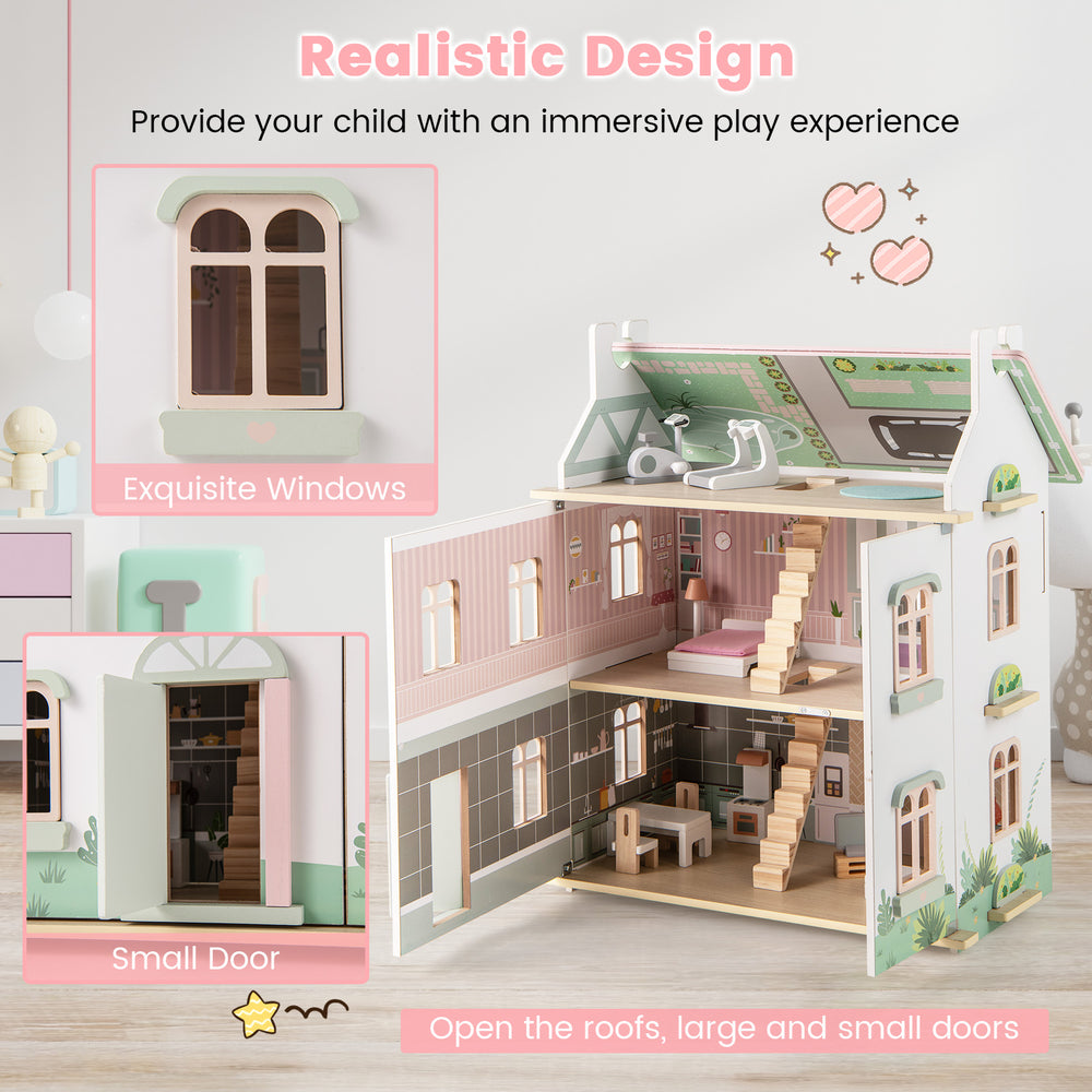 Three-level pink wooden dollhouse with removable roofs and doors, featuring realistic rooms and furniture for.