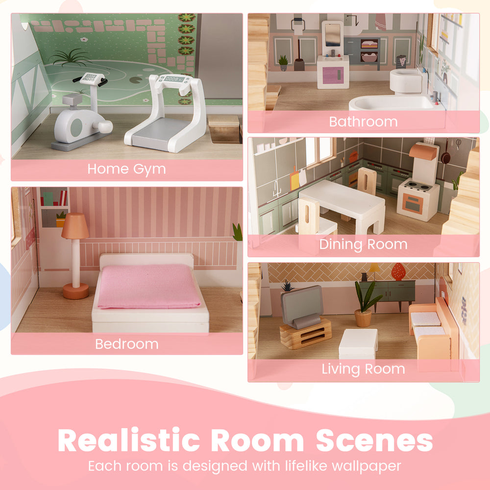 Kids wooden dollhouse showing realistic room scenes, including a home gym, bedroom, and living room with lifelike.